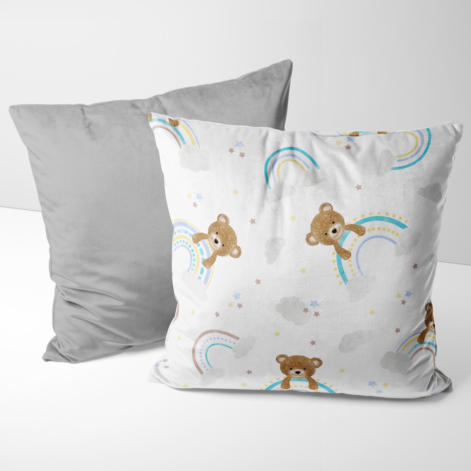 Kit de Almofadas Decorativas - Urso Arco-íris Azul e Cinza